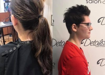 Before and after of a long to short haircut