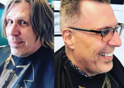 Before and after of a man's long to short haircut