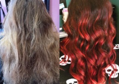 before and after of long brown to red hair dye